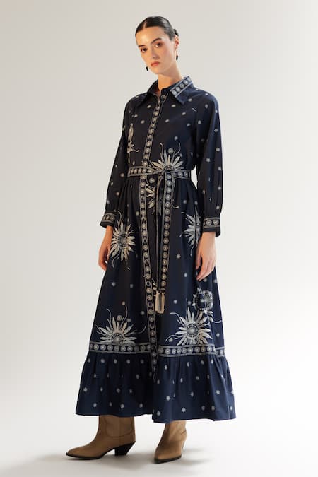 NOIB_Blue Cotton Satin Tassels Collared Celia Starstruck Print Dress _Online_at_Aza_Fashions