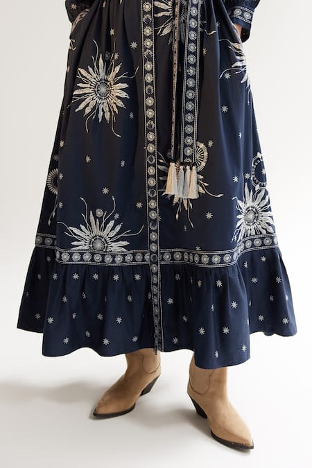 Buy_NOIB_Blue Cotton Satin Tassels Collared Celia Starstruck Print Dress _Online_at_Aza_Fashions