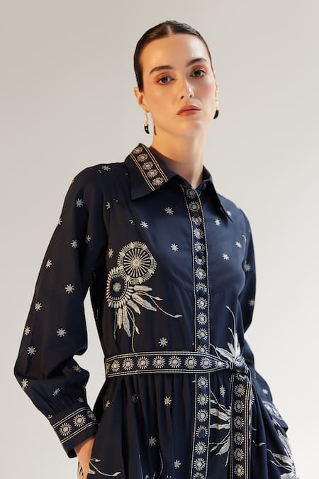 Shop_NOIB_Blue Cotton Satin Tassels Collared Celia Starstruck Print Dress _Online_at_Aza_Fashions