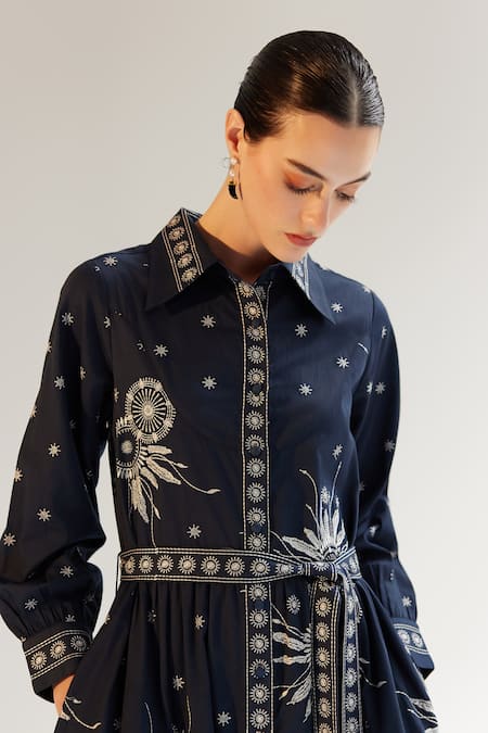 NOIB_Blue Cotton Satin Tassels Collared Celia Starstruck Print Dress _at_Aza_Fashions