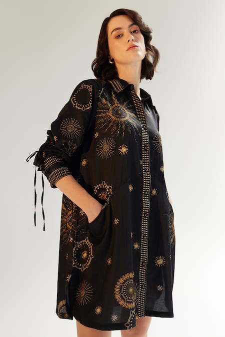 NOIB_Black Cotton, Silk Collared Thais Starstruck Print Dress _Online_at_Aza_Fashions