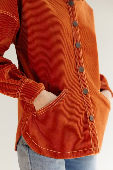 NOIB_Orange Cotton, Twill Embroidery Collared Xena Overshirt _Online_at_Aza_Fashions