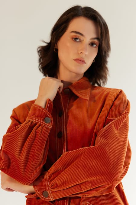 Buy_NOIB_Orange Cotton, Twill Embroidery Collared Xena Overshirt _Online_at_Aza_Fashions