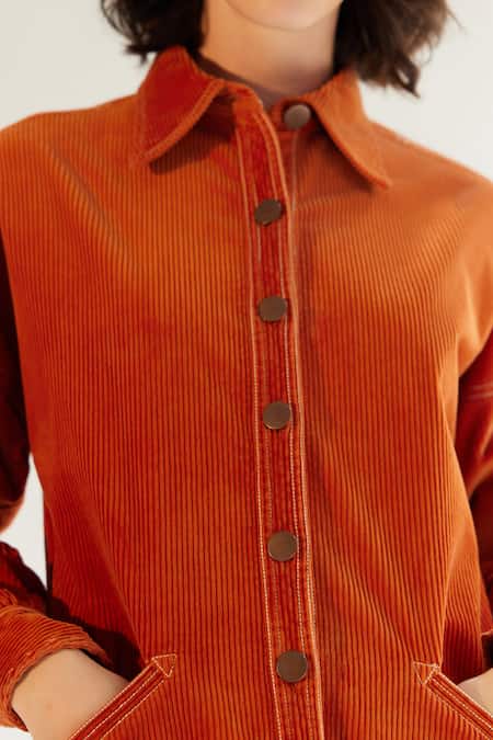 Shop_NOIB_Orange Cotton, Twill Embroidery Collared Xena Overshirt _Online_at_Aza_Fashions