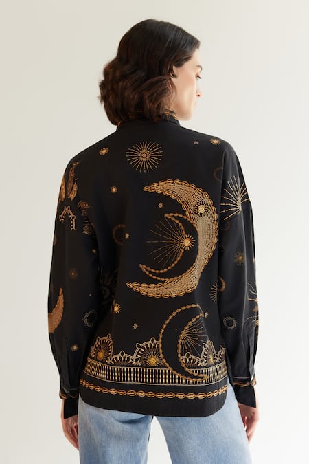 Shop NOIB Black Cotton, Twill Embroidery Collared Xena Garden Of Eden Print Overshirt at Aza Fashions Shop_NOIB_Black Cotton, Twill Embroidery Collared Xena Garden Of Eden Print Overshirt _at_Aza_Fashions