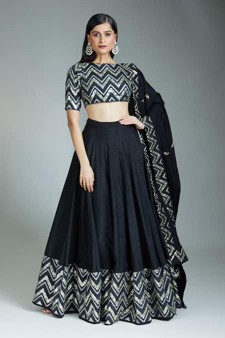 Prathyusha Garimella Black Raw Silk Embroidered Zardozi Straight Boat Chevron Blouse Lehenga Set 