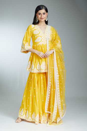 Pearl Star Supima Cotton Yellow Kurta with Sharara Set main image 1