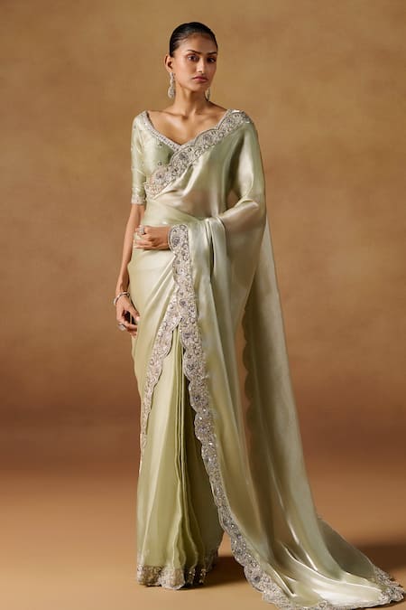 LASHKARAA Green Organza Embroidered Zari Leaf Floral Border Pre-draped Saree With Blouse 