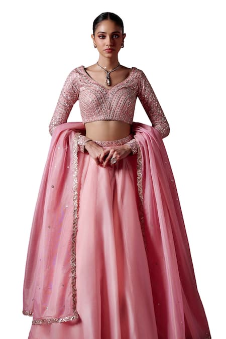 Lashkaraa Peach Crepe, Silk, Net Sequins, Zari Boat Neck Embroidered Blouse Lehenga Set at Aza Fashions Lashkaraa_Peach Crepe, Silk, Net Sequins, Zari Boat Neck Embroidered Blouse Lehenga Set_at_Aza_Fashions