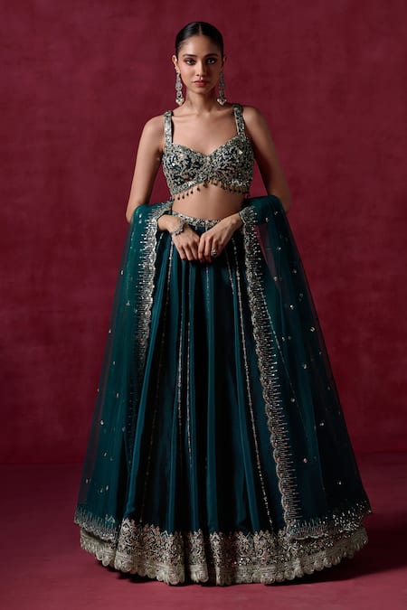 LASHKARAA Plunge Neck Embroidered Blouse Lehenga Set 