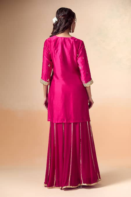 Shop Kalakaari By Sagarika Red Georgette, Chanderi , Organza Embroidery, Floret Kurta Sharara Set at Aza Fashions Shop_Kalakaari By Sagarika_Red Georgette, Chanderi , Organza Embroidery, Floret Kurta Sharara Set _at_Aza_Fashions