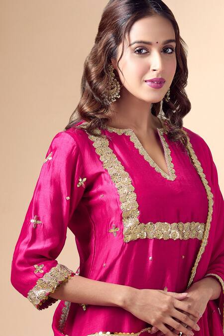 Kalakaari By Sagarika Red Georgette, Chanderi , Organza Embroidery, Floret Kurta Sharara Set at Aza Fashions Kalakaari By Sagarika_Red Georgette, Chanderi , Organza Embroidery, Floret Kurta Sharara Set _at_Aza_Fashions