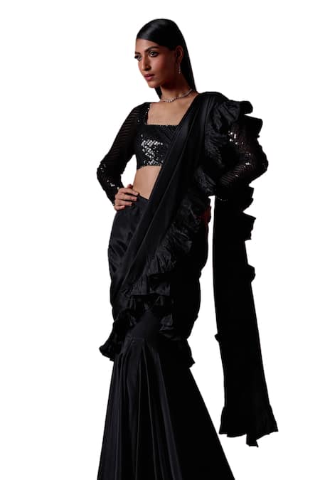 Lashkaraa_Black Crepe, Silk Sequins, Zari Ruffle Pre-draped Saree With Embroidered Blouse _at_Aza_Fashions