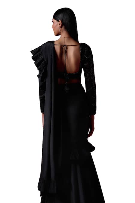 Buy_Lashkaraa_Black Crepe, Silk Sequins, Zari Ruffle Pre-draped Saree With Embroidered Blouse 