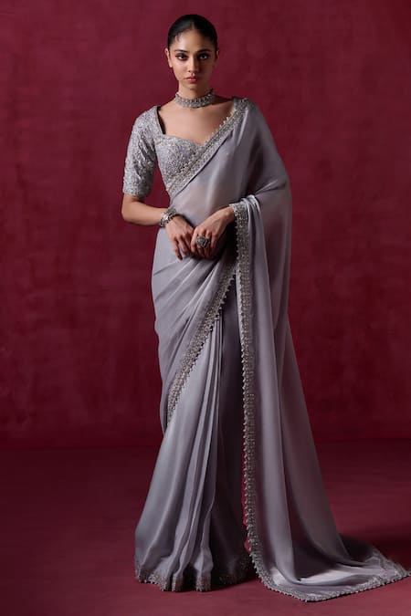 LASHKARAA Grey Silk Embroidered Zari Leaf Scallop Hem Pre-draped Saree With Blouse 