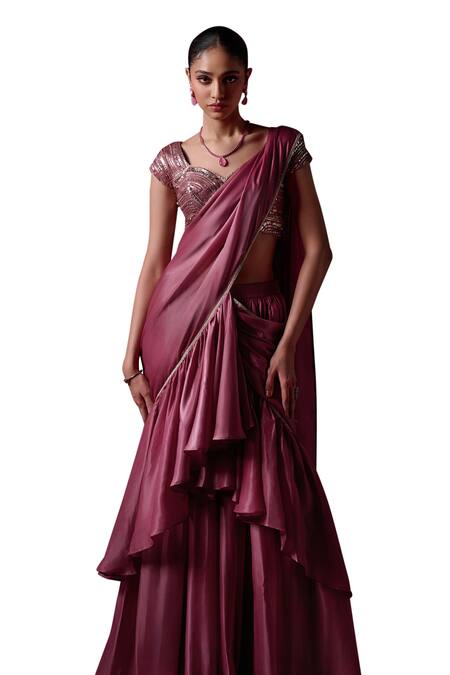 Lashkaraa_Purple Silk, Cotton Sequins, Zari Embroidered Ruffle Pre-draped Saree And Blouse_at_Aza_Fashions