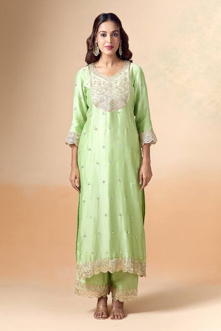 Shop_Kalakaari By Sagarika_Green Chanderi , Organza Embroidery, Gota Hand Yoke Kurta Pant Set _Online_at_Aza_Fashions
