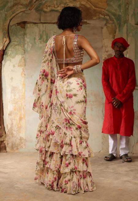 Shop Arpita Mehta Beige Georgette Mirrors Floral Pine Print Pre-draped Saree With Blouse at Aza Fashions Shop_Arpita Mehta_Beige Georgette Mirrors Floral Pine Print Pre-draped Saree With Blouse_at_Aza_Fashions