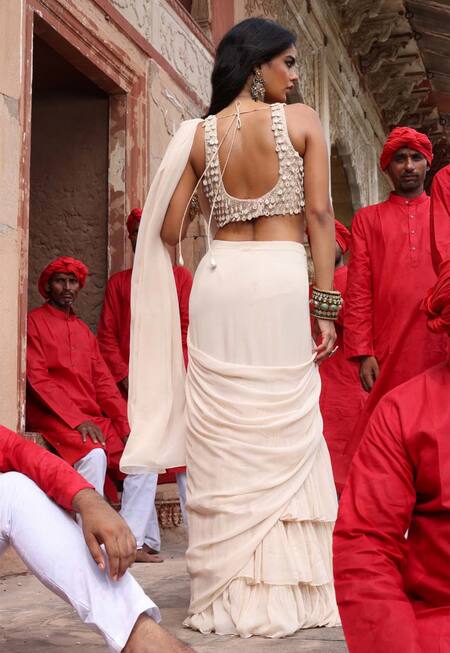 Shop_Arpita Mehta_Ivory Georgette Tassels Scoop Neck Coconut Pre-draped Saree With Blouse_at_Aza_Fashions