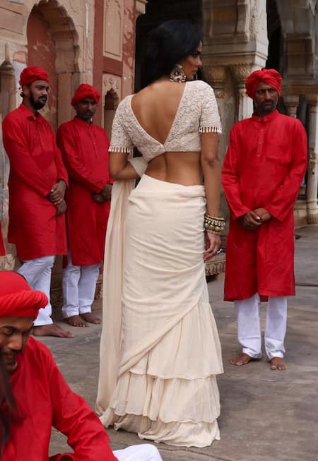 Shop Arpita Mehta Ivory Georgette Cut Work, Embroidery Round Ruffle Pre-draped Saree With Blouse at Aza Fashions Shop_Arpita Mehta_Ivory Georgette Cut Work, Embroidery Round Ruffle Pre-draped Saree With Blouse_at_Aza_Fashions