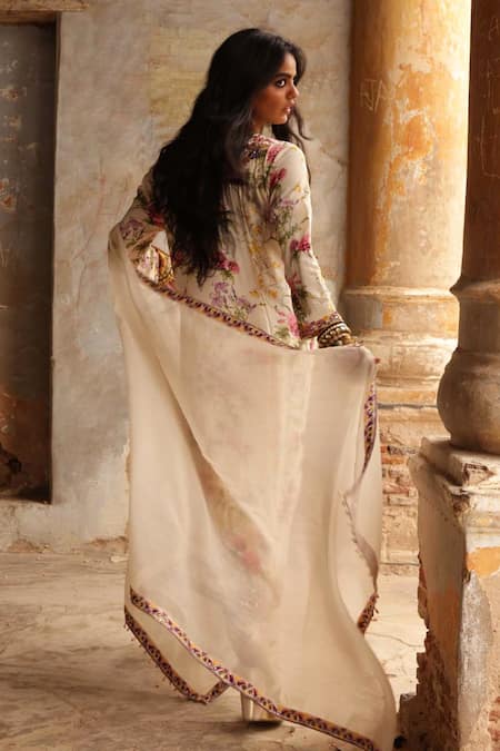 Shop Arpita Mehta Beige Georgette Embroidery Split V-neck Coconut Pine Print Kurta And Pant Set at Aza Fashions Shop_Arpita Mehta_Beige Georgette Embroidery Split V-neck Coconut Pine Print Kurta And Pant Set_at_Aza_Fashions