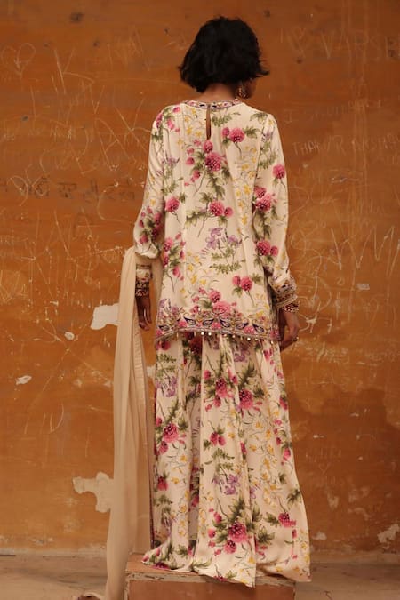 Shop Arpita Mehta Beige Georgette Embroidery Round Neck Coconut Pine Print Kurta And Sharara Set at Aza Fashions Shop_Arpita Mehta_Beige Georgette Embroidery Round Neck Coconut Pine Print Kurta And Sharara Set_at_Aza_Fashions