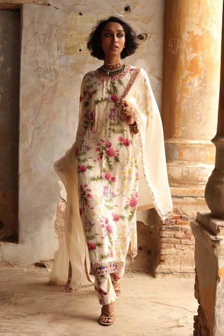 Arpita Mehta Beige Georgette Print Coconut Pine Round Neck Long Kurta And Pant Set 