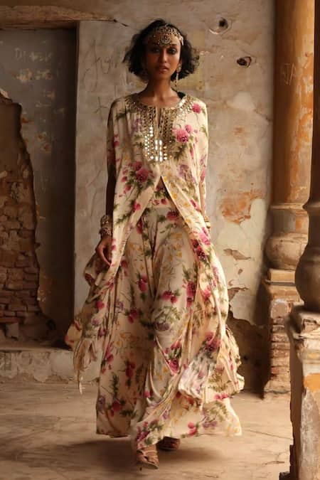 Arpita Mehta Beige Georgette Print Coconut Pine Notched Neck Cape With Pant 