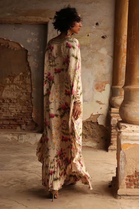 Shop Arpita Mehta Beige Georgette Coconut Pine Print Cape With Pant at Aza Fashions Shop_Arpita Mehta_Beige Georgette Coconut Pine Print Cape With Pant_at_Aza_Fashions