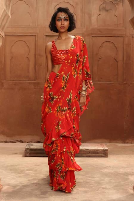 Arpita Mehta Flower Bloom Print Pre-Draped Saree With Blouse 