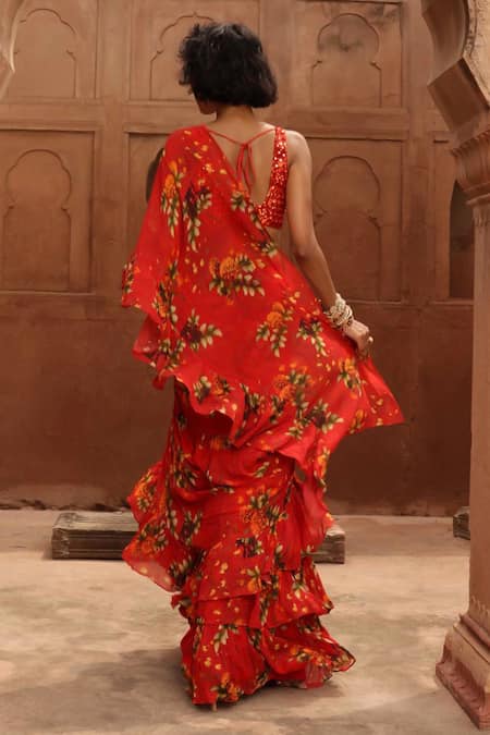 Arpita Mehta Red Georgette Print Floral Square Flower Bloom Pre-draped Saree With Blouse  2