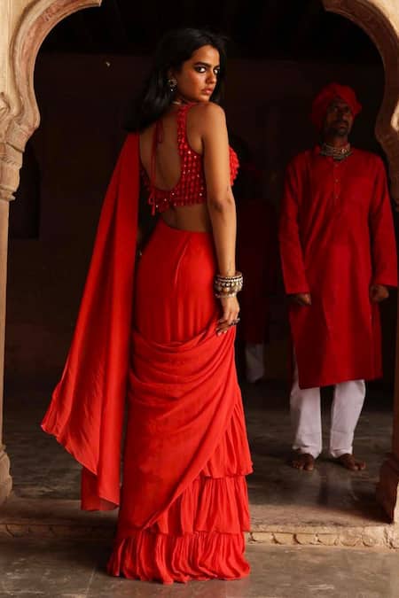 Shop Arpita Mehta Red Georgette Fringe, Tassels Ruffle Pre-draped Saree And Embroidered Blouse Set at Aza Fashions Shop_Arpita Mehta_Red Georgette Fringe, Tassels Ruffle Pre-draped Saree And Embroidered Blouse Set_at_Aza_Fashions