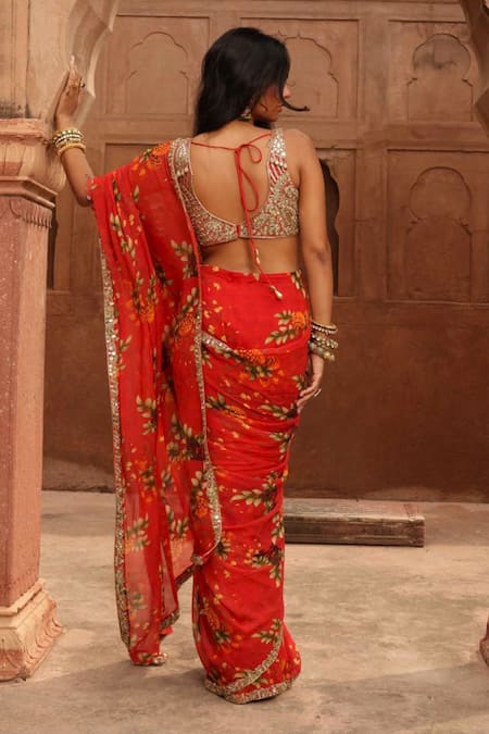 Shop Arpita Mehta Red Georgette Mirrors, Cut Work Pre-draped Sindori Print Saree With Blouse at Aza Fashions Shop_Arpita Mehta_Red Georgette Mirrors, Cut Work Pre-draped Sindori Print Saree With Blouse_at_Aza_Fashions