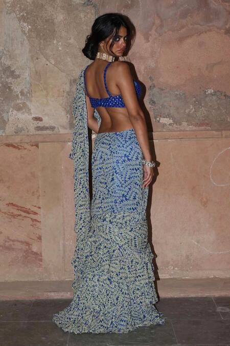 Shop_Arpita Mehta_Blue Georgette Cut Work, Pre-draped Leaf Vine Print Ruffled Saree With Blouse_at_Aza_Fashions