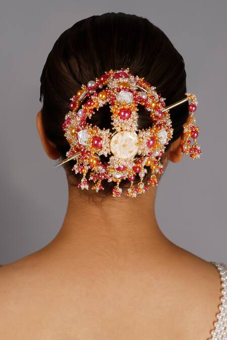 Vaidaan_Multi Color Enamel Mohini Pearl And Bead Embellished Hair Bun - Set Of 2 _Online_at_Aza_Fashions