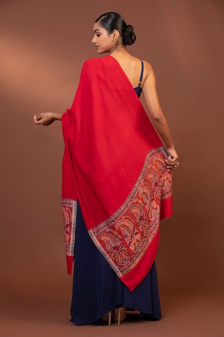 Shop Modarta Red Paisley Border Woven Shawl at Aza Fashions Shop_Modarta_Red Paisley Border Woven Shawl _at_Aza_Fashions