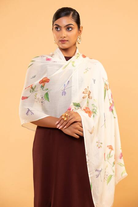 Modarta Cream Floral Print Shawl at Aza Fashions Modarta_Cream Floral Print Shawl _at_Aza_Fashions