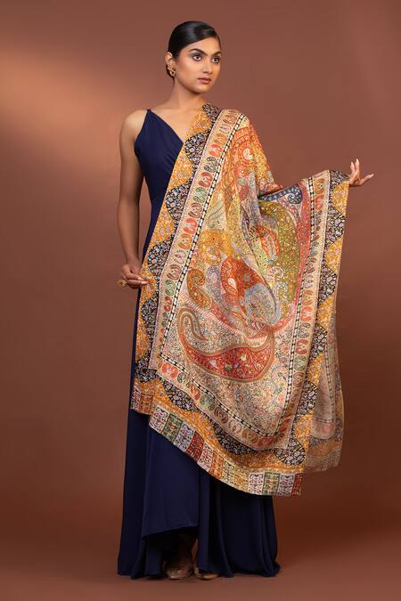 Shop Modarta Multi Color Kalamkari Embroidered Shawl Online at Aza Fashions Shop_Modarta_Multi Color Kalamkari Embroidered Shawl _Online_at_Aza_Fashions
