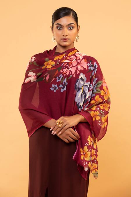 Modarta Red Flower Print Shawl at Aza Fashions Modarta_Red Flower Print Shawl _at_Aza_Fashions