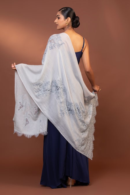 Shop Modarta Grey Floral Lace Embellished Shawl at Aza Fashions Shop_Modarta_Grey Floral Lace Embellished Shawl _at_Aza_Fashions