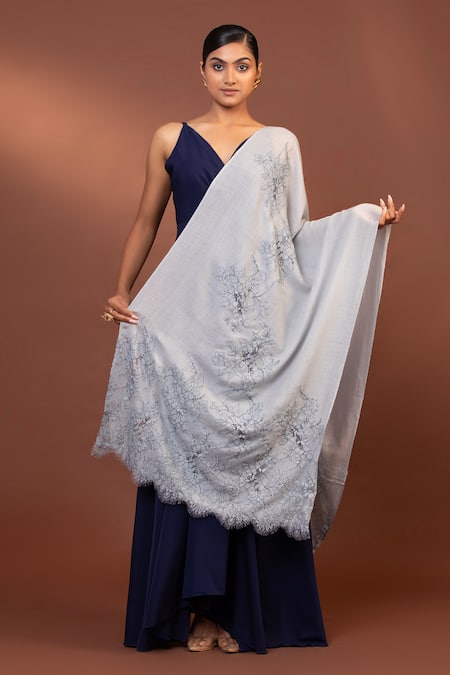 Modarta Grey Floral Lace Embellished Shawl Online at Aza Fashions Modarta_Grey Floral Lace Embellished Shawl _Online_at_Aza_Fashions