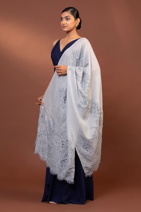 Shop Modarta Grey Floral Lace Embellished Shawl Online at Aza Fashions Shop_Modarta_Grey Floral Lace Embellished Shawl _Online_at_Aza_Fashions