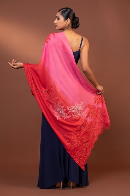 Shop Modarta Red Flower Lace Embellished Shawl at Aza Fashions Shop_Modarta_Red Flower Lace Embellished Shawl _at_Aza_Fashions