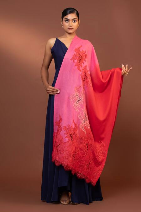 Modarta Red Flower Lace Embellished Shawl Online at Aza Fashions Modarta_Red Flower Lace Embellished Shawl _Online_at_Aza_Fashions