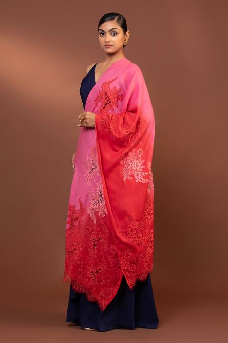 Shop Modarta Red Flower Lace Embellished Shawl Online at Aza Fashions Shop_Modarta_Red Flower Lace Embellished Shawl _Online_at_Aza_Fashions