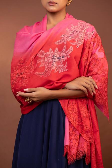 Modarta Red Flower Lace Embellished Shawl at Aza Fashions Modarta_Red Flower Lace Embellished Shawl _at_Aza_Fashions