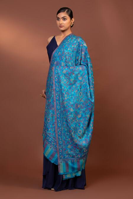 Shop Modarta Blue Paisley Floral Woven Shawl Online at Aza Fashions Shop_Modarta_Blue Paisley Floral Woven Shawl _Online_at_Aza_Fashions
