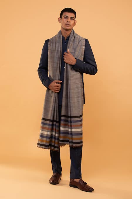 Shop Modarta Grey Placement Stripe Pattern Shawl at Aza Fashions Shop_Modarta_Grey Placement Stripe Pattern Shawl_at_Aza_Fashions