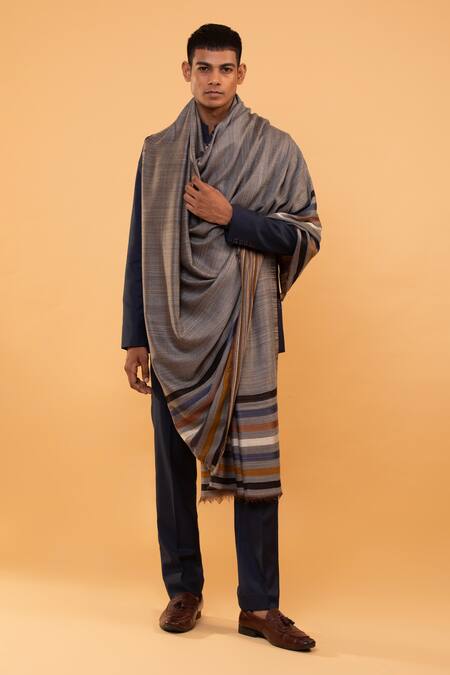 Modarta Grey Placement Stripe Pattern Shawl Online at Aza Fashions Modarta_Grey Placement Stripe Pattern Shawl_Online_at_Aza_Fashions