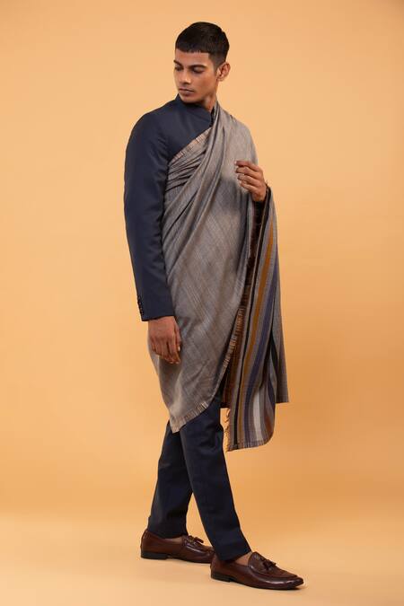 Modarta Grey Placement Stripe Pattern Shawl at Aza Fashions Modarta_Grey Placement Stripe Pattern Shawl_at_Aza_Fashions